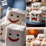 Homemade Ghostbusters Stay Puft marshmallows decorated as fun Halloween food treats on a party table.